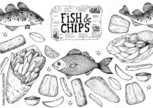 Fish and chips sketch vector illustration. British pub food. Hand drawn sketch. Cooking fish and chips. Engraved hand drawn vintage image. Menu design template
