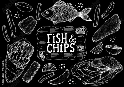 Fish and chips sketch vector illustration. British pub food. Hand drawn sketch. Cooking fish and chips. Engraved hand drawn vintage image. Menu design template.