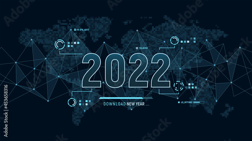 Futuristic layout for 2022 year on background with polygons connection structure and world map in pixels. Digital visualization. Business technology concept. Tech wallpaper 2022. Vector illustration