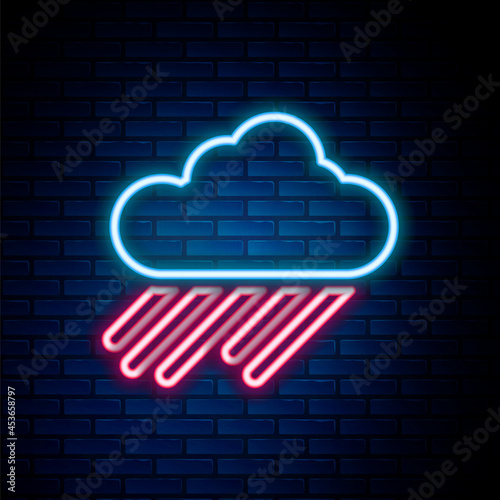 Glowing neon line Cloud with rain icon isolated on brick wall background. Rain cloud precipitation with rain drops. Colorful outline concept. Vector