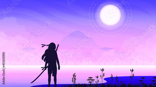 Abstract Background Ninja Warrior Sun Mountaions Plants Person Silhouette Water Clouds Stars Sky People Night Vector Design Style photo