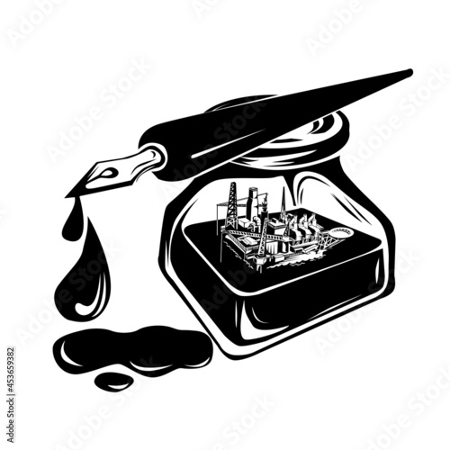 oil sea platform in ink bottle. vector black drawing