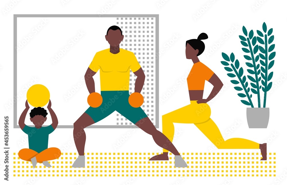 Fototapeta premium Set of healthy lifestyle. The family plays sports at home. A black woman is training online at home. A black man meditates. The couple bought healthy food. Mom and daughter cook vegetables. Vector.