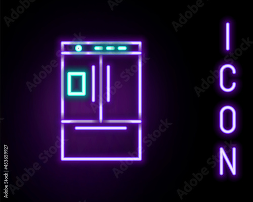 Glowing neon line Refrigerator icon isolated on black background. Fridge freezer refrigerator. Household tech and appliances. Colorful outline concept. Vector