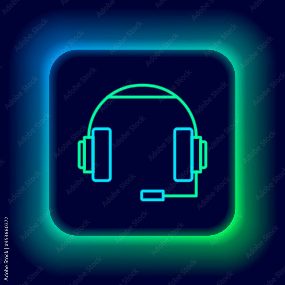 Glowing neon line Headphones icon isolated on black background. Earphones. Concept for listening to music, service, communication and operator. Colorful outline concept. Vector