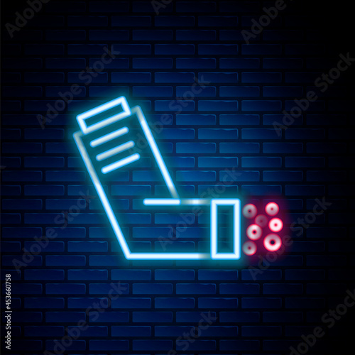 Glowing neon line Inhaler icon isolated on brick wall background. Breather for cough relief, inhalation, allergic patient. Medical allergy asthma inhaler spray. Colorful outline concept. Vector