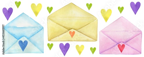 A set of delicate watercolor envelopes with colorful hearts