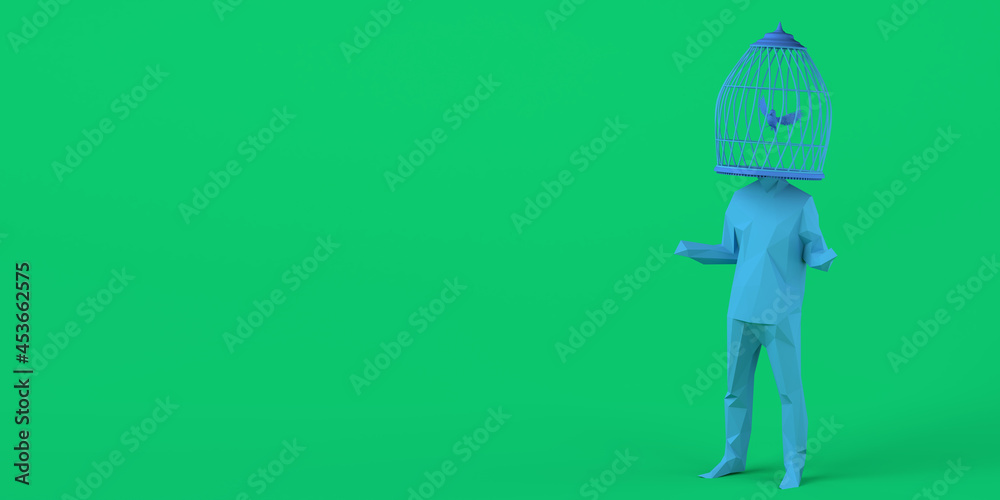 Man with a cage instead of a head with a bird inside. Abstract concept of freedom. Mental health. 3D illustration. Copy space. Man with a cage instead of a head with a bird inside. Abstract concept of freedom. Mental health. 3D illustration. Copy space.