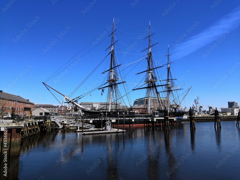 USS Constitution on a bright sunny day at Boston Navy Yard