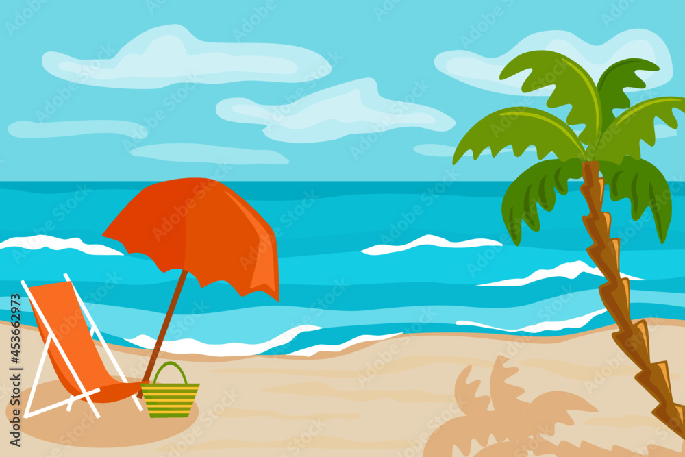Vector illustration, vacation at sea. Sea, beach, palm tree, sun lounger under an umbrella