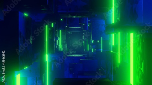 3d rendered abstract technology cube way in the outer space with green lights in blue fog