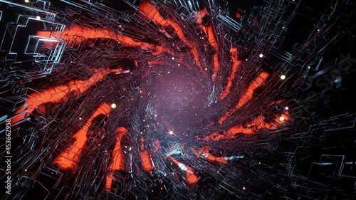 Fotografie High technology construction with orange flames in tunnel 3d illustration