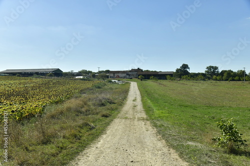 Petite route secondaire de campagne traversant prairies et champs au bourg de Champagne-et-Fontaine au P  rigord Vert 