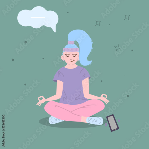 Woman meditate in the lotus position.Yoga lessons. Mental health concept. The girl sits in the lotus position, the thought process, the generation and search for ideas. Time management. Digital detox.