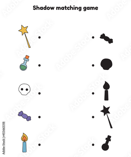 Shadow matching game for preschool kids. Activity worksheet. Halloween objects - magic wand, potion, skull, candy and candle. Find the correct silhouette. Vector illustration.