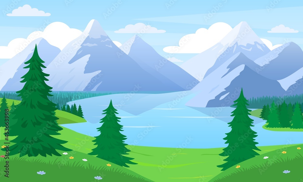 Fototapeta premium Beautiful summer landscape. Panorama with mountains, hills, trees, fields and lake. Design for posters, social networks and websites. Nature and environment. Cartoon modern flat vector illustration