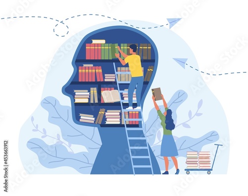 Literature for personal development concept. Man stands puts useful information in form of books into silhouette of head. Knowledge and education. Cartoon flat vector illustration on white background