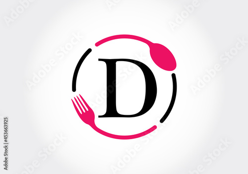 Initial D monogram alphabet with a fork, spoon. Modern vector logo for cafe, restaurant, cooking business, and company identity