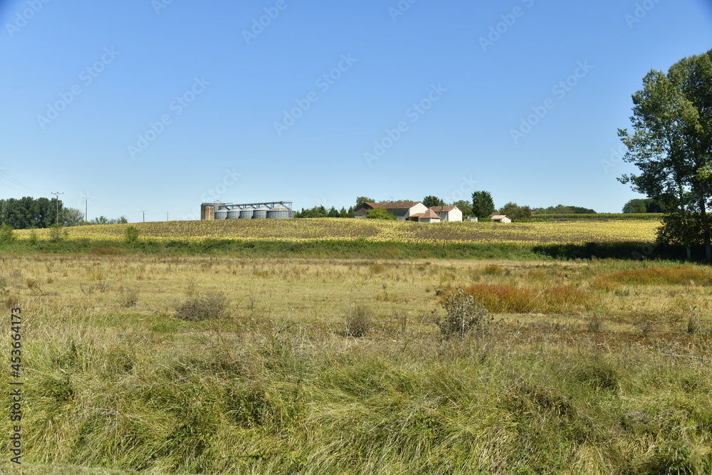 Fermes et silos à grains au bout des prairies près du bourg de Champagne au Périgord Vert
