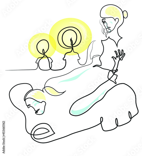 One line drawing of  woman getting neck and shoulders massage by female masseur.
One continuous line drawing of female masseur concept.