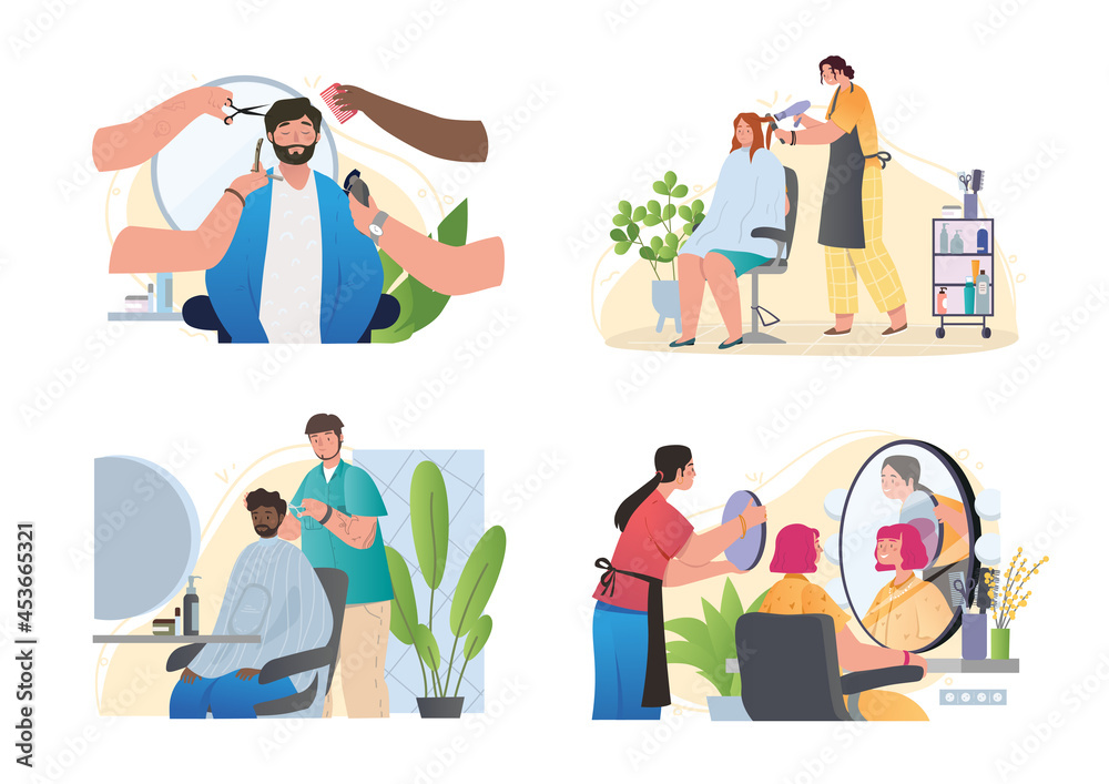Collection of employees of beauty salon and barbershop. Masters make hairstyles for women and adjust shape of beard for men. Attractive appearance. Cartoon flat vector set isolated on white background