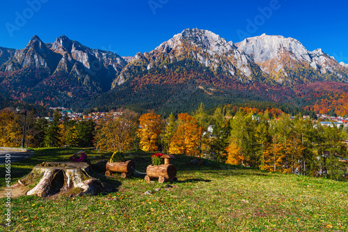 Fototapeta Naklejka Na Ścianę i Meble -  Autumn landscape and Prahova valley with Bucegi mountains, Carpathians, Romania