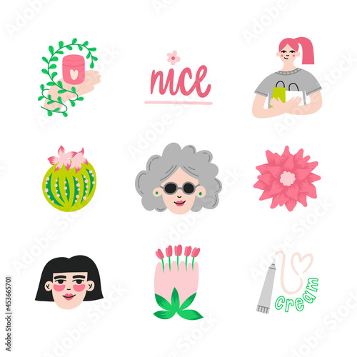 Cute and illustrations of cosmetics, girls and floral elements. Doodle style icons for social media and polygraphic design. Vector. Can be used as stickers or highlights. Self care and beauty shopping photo