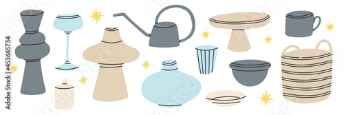 Set of objects for home decorating. Dishes for serving. Decor for interior. Vector illustration. Modern decor objects for comfortable living.