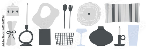 Set of objects for home decorating. Dishes for serving. Decor for interior. Vector illustration. Modern decor objects for comfortable living.