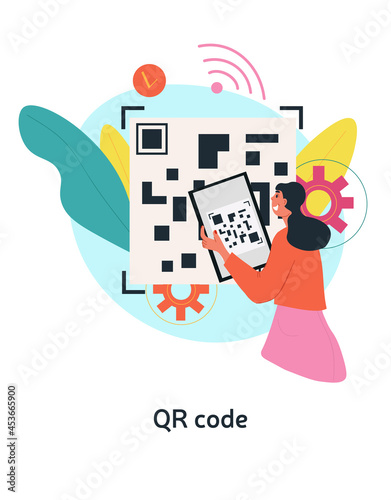 QR code concept. Female character holds large phone in her hands and scans code for information. Cipher for receiving order. Cartoon contemporary flat vector illustration isolated on white background