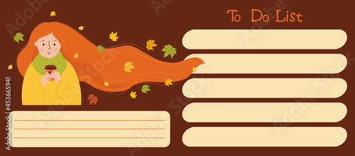 To-do list. Girl with flowing hair and autumn leaves with coffee and autumn to do list. Vector illustration. Note paper, organizer, planner, time management. Flat illustration on brown background