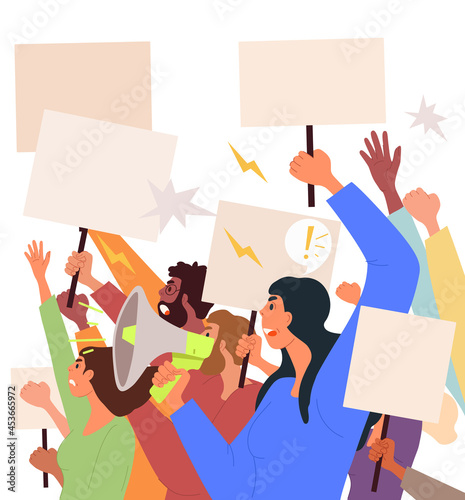 People protesting concept. Female character with megaphone shouts slogan and demand. People with banners and posters at authorized rally. Cartoon flat vector illustration isolated on white background