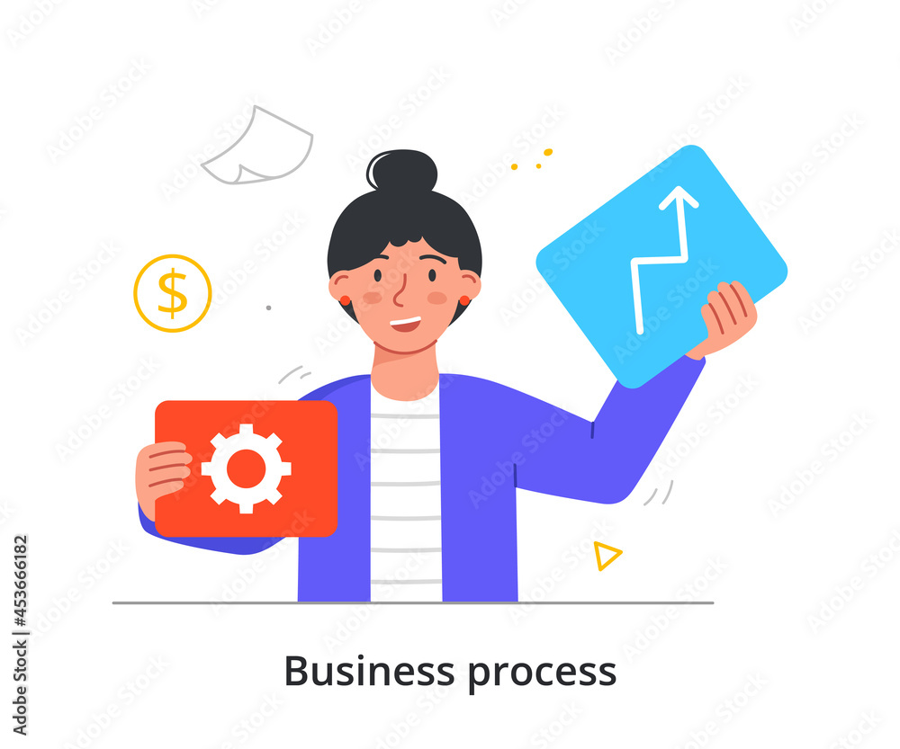 Business process concept. Woman holds buttons with settings and arrow in her hands. Employee of company engaged in career development. Cartoon flat vector illustration isolated on white background