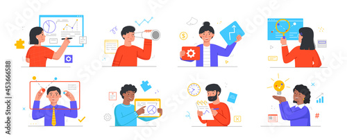 Collection of employees working on project. Men and woman in office analyze data and make presentations of new ideas. Elements for websites. Cartoon flat vector set isolated on white background