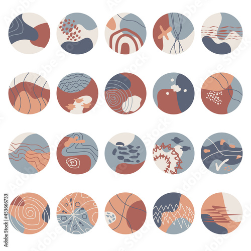 Sets of 20 Insta Stories Icons Abstract trendy social media design. Spots and lines in the same style of modern colors. Vector illustration