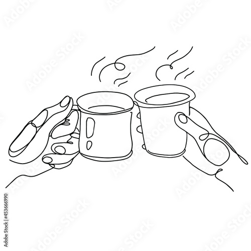 Continuous line drawing of two hands holding coffee and tea cups. Young couple drinking coffee. Vector illustration