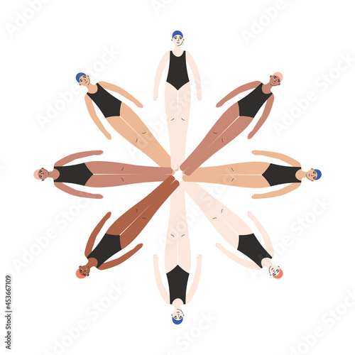 Synchronized swimming team. Group performance in the water. Vector illustration in flat style. Competitions or training in the swimming pool. Water sports concept.