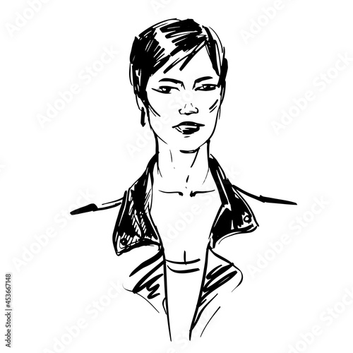 Ink sketch of young woman.  Vector illustration isolated on white background. 