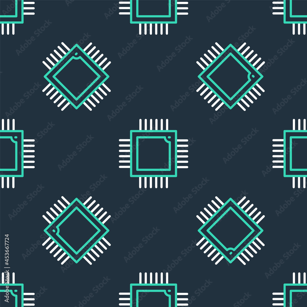 Fototapeta premium Line Computer processor with microcircuits CPU icon isolated seamless pattern on black background. Chip or cpu with circuit board. Micro processor. Vector