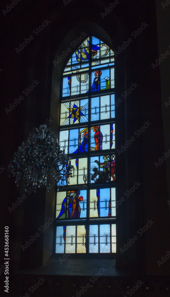 Ludzmierz, Poland June 10, 2021: Stained glass window in the sanctuary of Our Lady in Ludzmierz, Poland