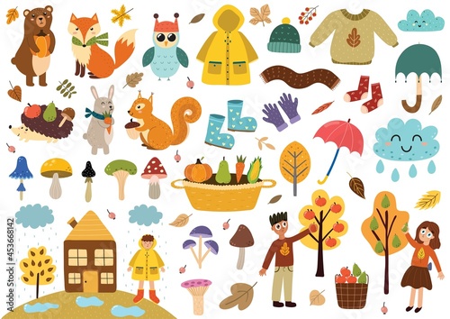 Cute autumn elements collection. Fall clothes, animals, leaves, mushrooms, kids and more. Autumn season clipart set. Vector illustration