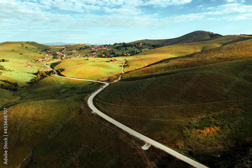 Drone photography of winding road through beautiful Zlatibor mountain landscape