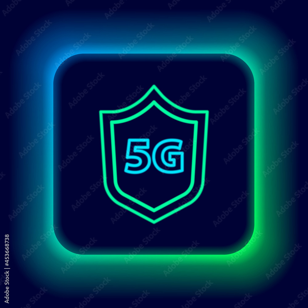 Glowing neon line Protective shield 5G wireless internet wifi icon isolated on black background. Global network high speed connection data rate technology. Colorful outline concept. Vector Glowing neon line Protective shield 5G wireless internet wifi icon isolated on black background. Global network high speed connection data rate technology. Colorful outline concept. Vector