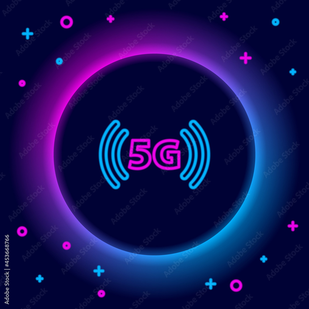 Glowing neon line 5G new wireless internet wifi connection icon isolated on black background. Global network high speed connection data rate technology. Colorful outline concept. Vector