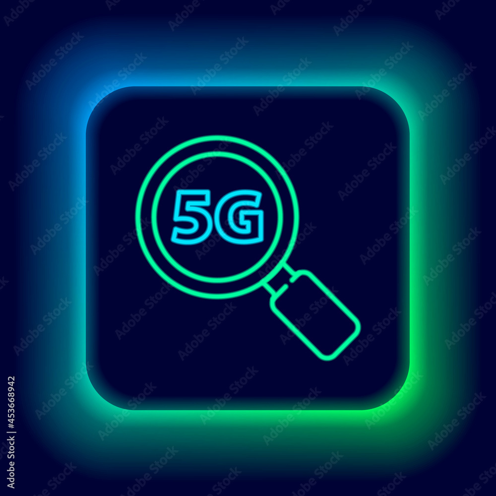 Glowing neon line Search 5G new wireless internet wifi connection icon isolated on black background. Global network high speed connection data rate technology. Colorful outline concept. Vector Glowing neon line Search 5G new wireless internet wifi connection icon isolated on black background. Global network high speed connection data rate technology. Colorful outline concept. Vector