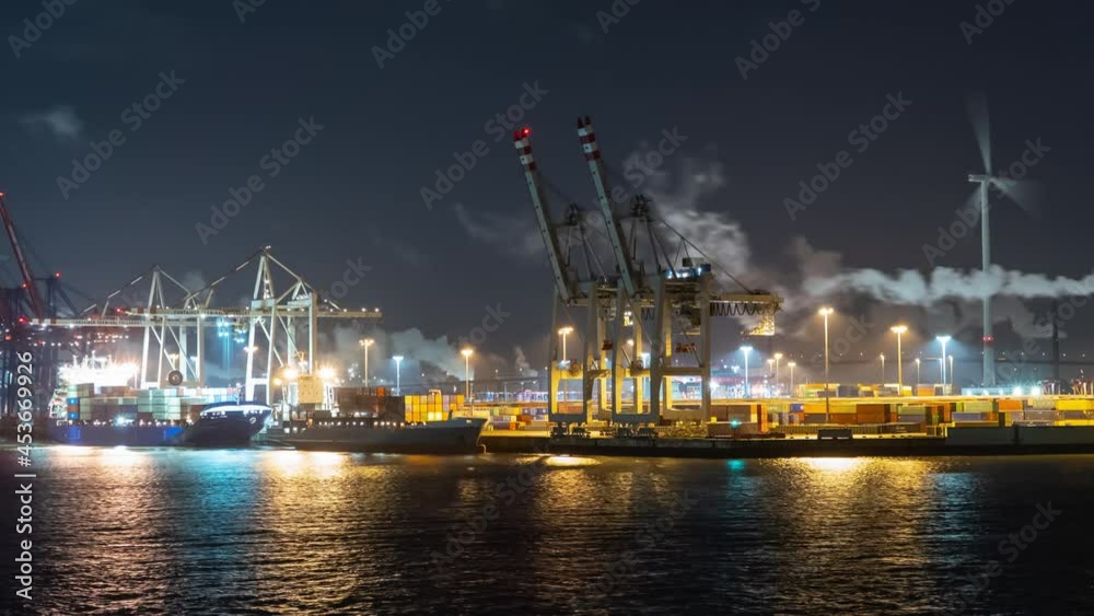 Hamburg Cargo Port Night Timelapse - Pan Right Hamburg Cargo Port Night Timelapse - Pan Right