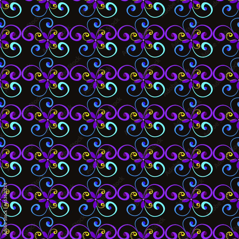 seamless pattern in the form of a geometric ornament in purple shades on a dark background for prints on fabrics, curtains, covers, ceramics, glass and for decorating interiors in a vintage style seamless pattern in the form of a geometric ornament in purple shades on a dark background for prints on fabrics, curtains, covers, ceramics, glass and for decorating interiors in a vintage style