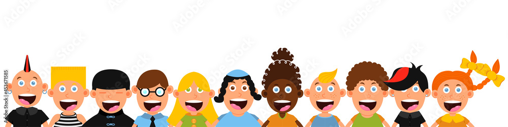 Happy smile kids border pattern on white background. Children cartoon multicultural characters set. International child team group Vector illustration. Happy smile kids border pattern on white background. Children cartoon multicultural characters set. International child team group Vector illustration.
