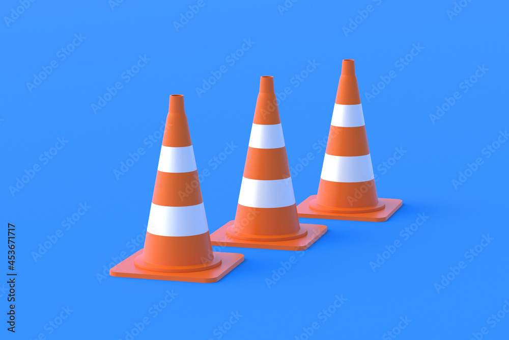 Row of striped traffic cones, barriers on blue background. Road safety. Prohibition of passage, parking. Fencing hazardous areas. 3d render Row of striped traffic cones, barriers on blue background. Road safety. Prohibition of passage, parking. Fencing hazardous areas. 3d render