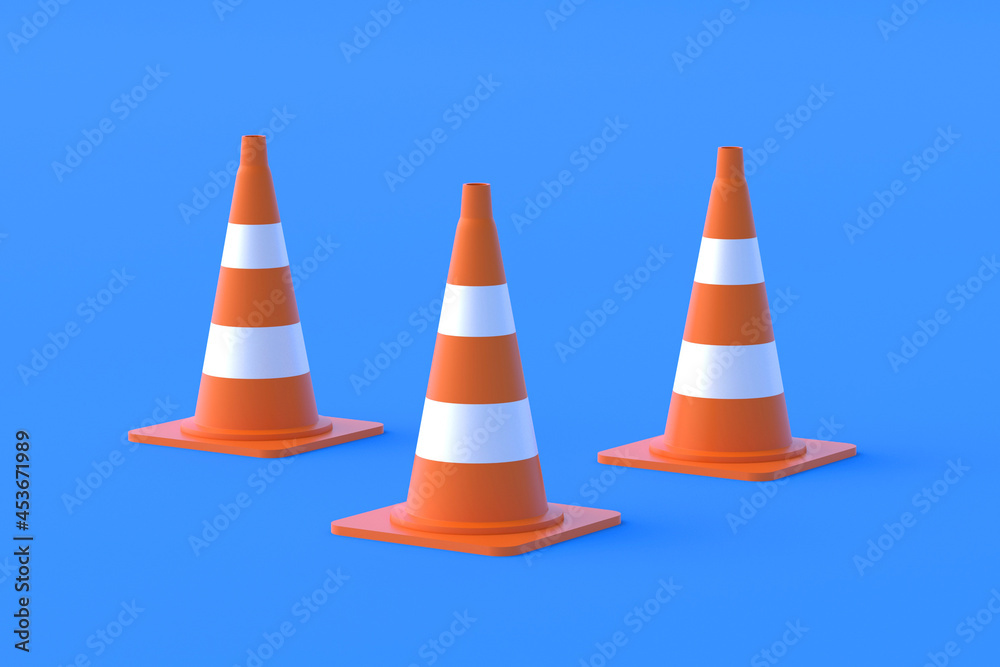 Striped traffic cones, barriers on blue background. Road safety. Prohibition of passage, parking. Fencing hazardous areas. 3d render